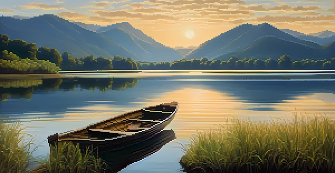 A peaceful lake scene with mountains, a sunset, and a dock with a rowboat.