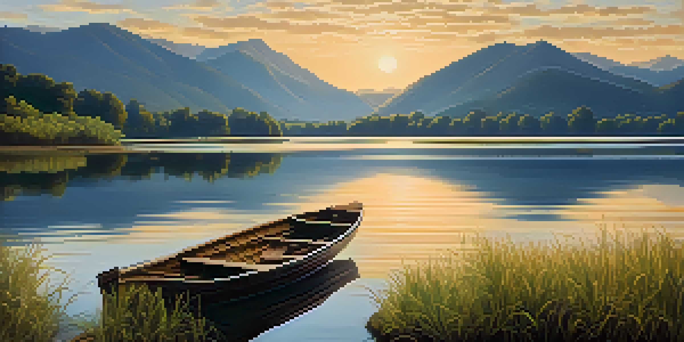 A peaceful lake scene with mountains, a sunset, and a dock with a rowboat.