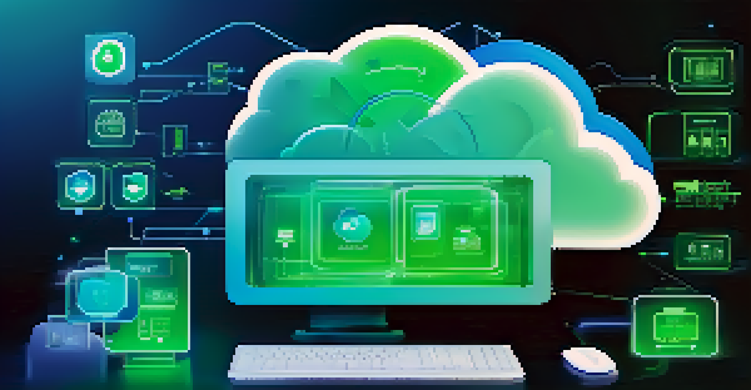 A digital interface showcasing cloud storage with icons for various data types and highlighted security features.