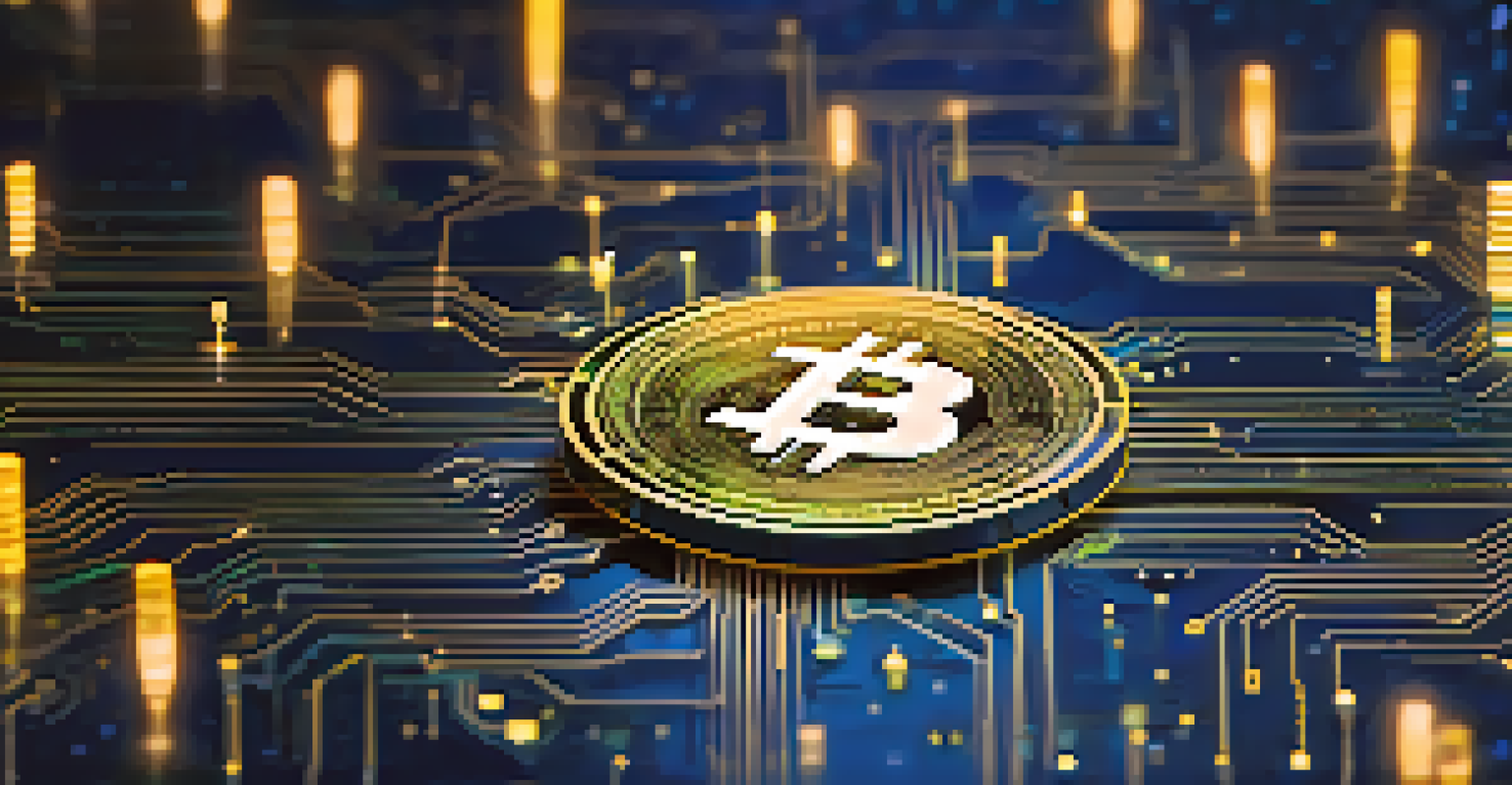 An abstract image of a digital coin with circuit patterns and glowing data streams in a blue and green background.
