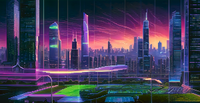 A vibrant futuristic city skyline at dusk with illuminated skyscrapers and flying cars.