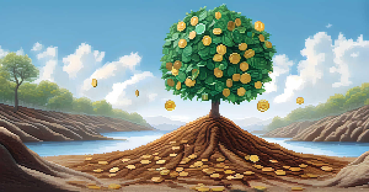 A cryptocurrency tree with digital coins as leaves, symbolizing growth and stability, with a figure nurturing it.