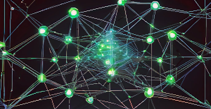 A digital illustration of a blockchain network with glowing nodes connected by lines, symbolizing security and decentralization.
