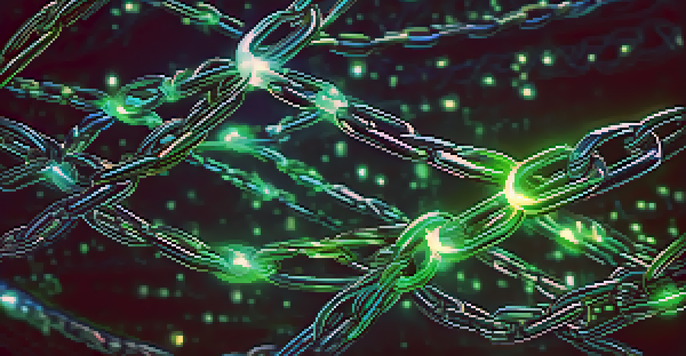 Close-up of a glowing blockchain network, symbolizing secure cryptocurrency transactions with interlocking chains.
