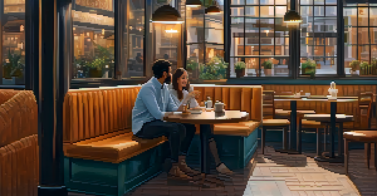 A cozy café scene with two friends conversing privately, symbolizing blockchain state channels, featuring warm lighting and inviting textures.