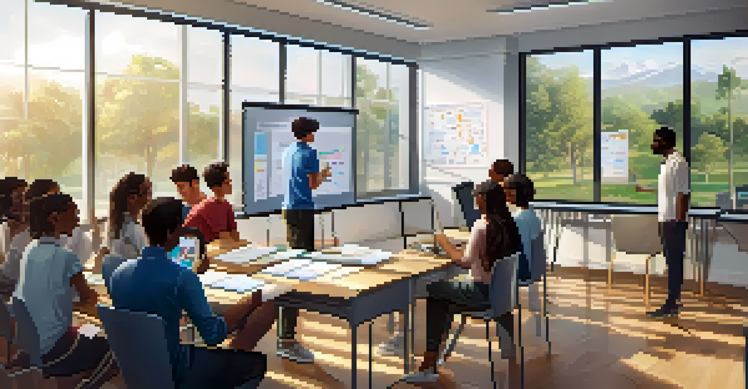 A classroom with students learning about blockchain technology, with an instructor using a digital whiteboard and sunlight streaming in.