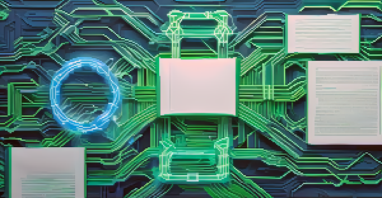 An abstract image showing intertwined blockchain chains and legal documents in blue and green hues, representing cryptocurrency and regulatory frameworks.