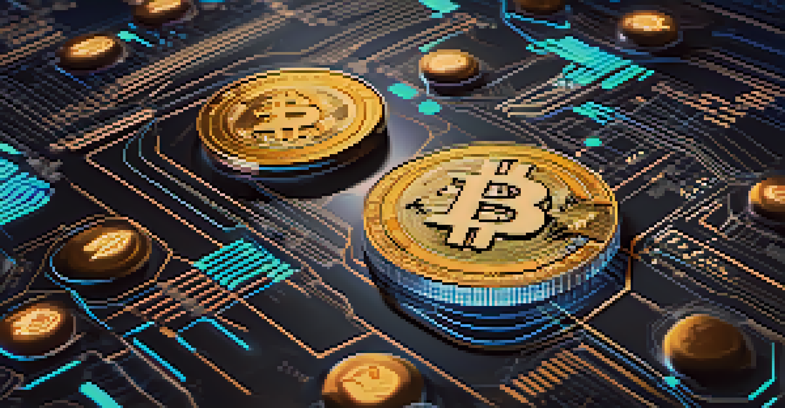 A hand holding two distinct cryptocurrencies with a digital interface showing atomic swaps in the background. The coins are intricately designed.