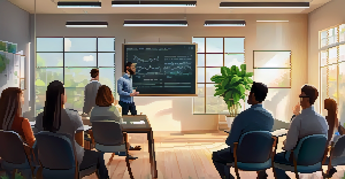 A modern classroom filled with diverse people attending a financial literacy workshop on cryptocurrency. The room is bright with natural light and features charts on a screen.