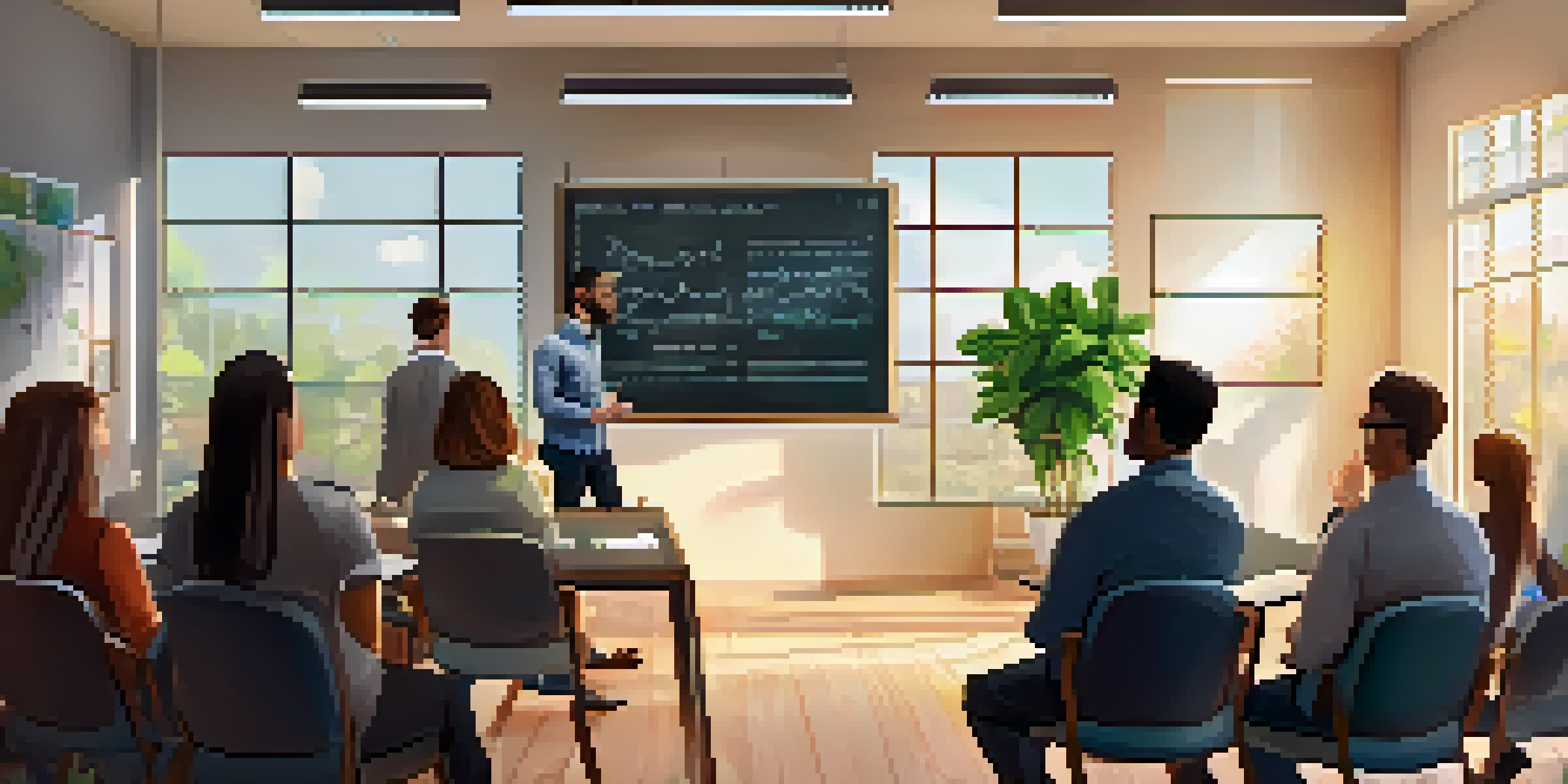 A modern classroom filled with diverse people attending a financial literacy workshop on cryptocurrency. The room is bright with natural light and features charts on a screen.