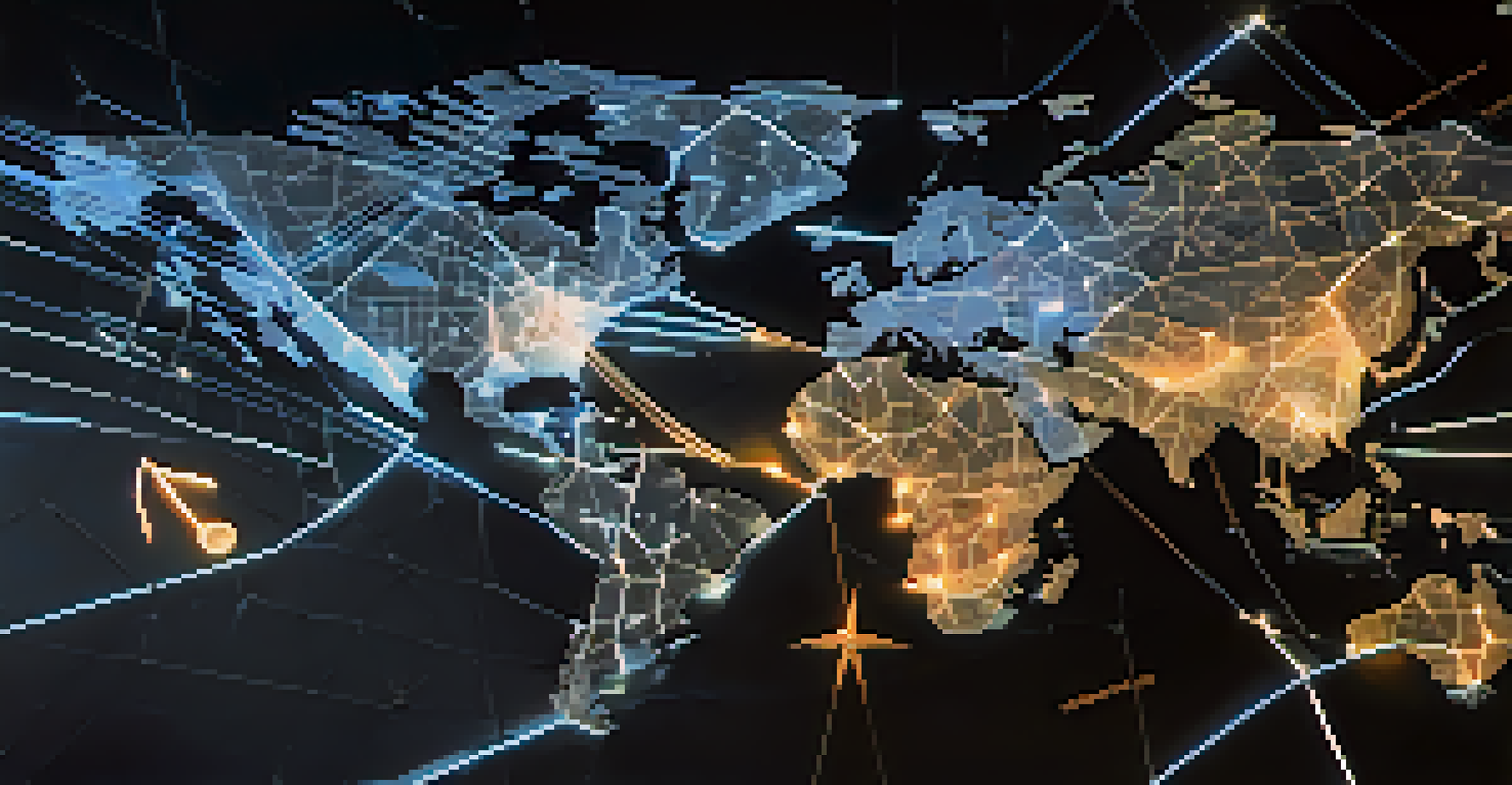 A global map with digital lines connecting countries, showcasing various artistic icons representing creativity and cryptocurrency.