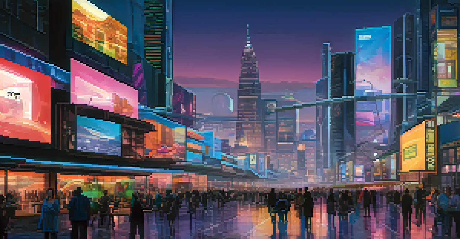 A futuristic city with illuminated billboards advertising various NFTs, set against a dusk skyline with neon lights.