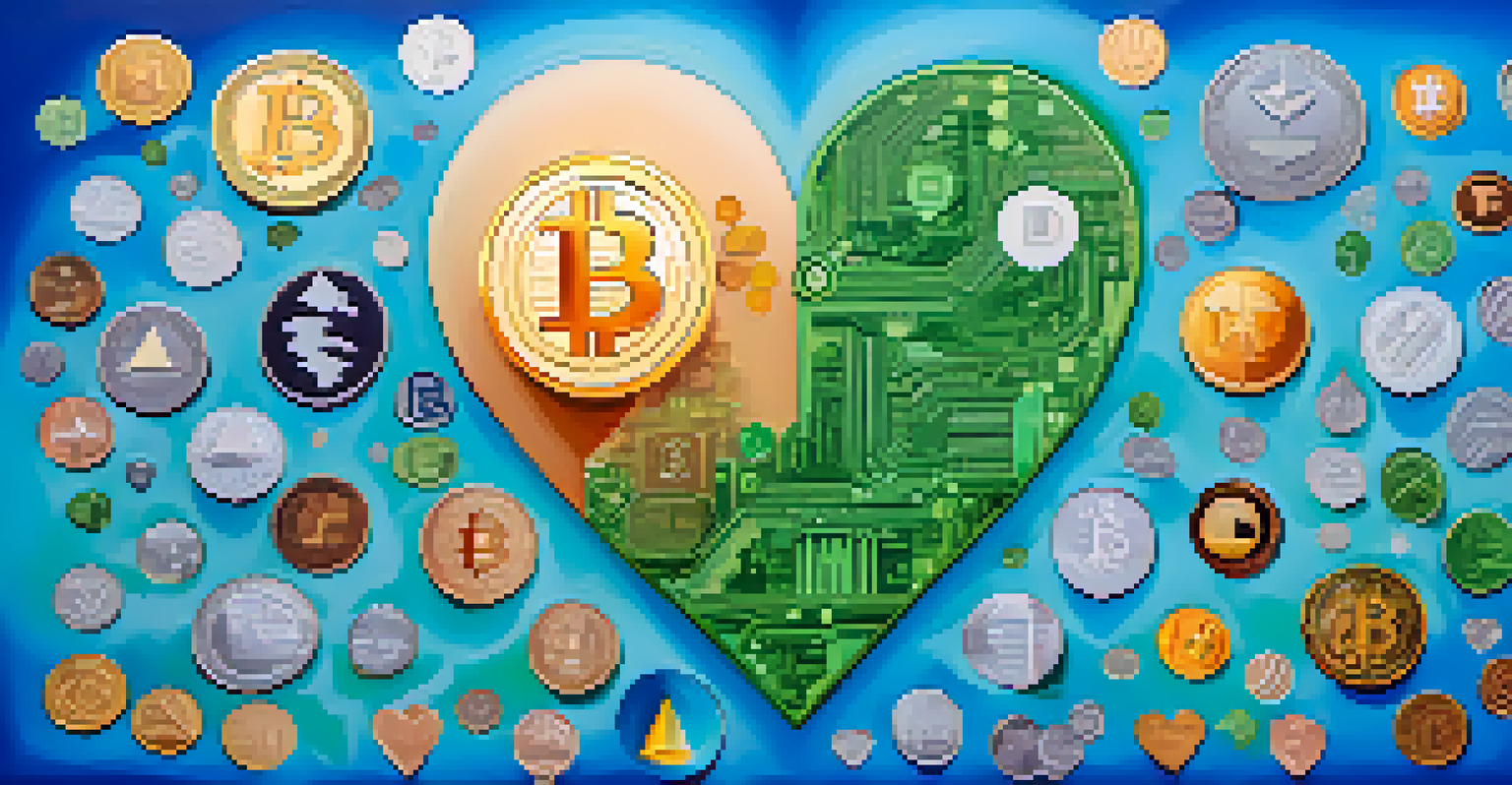 An artistic image of cryptocurrencies forming a heart shape, symbolizing charity and giving, with a gradient background.