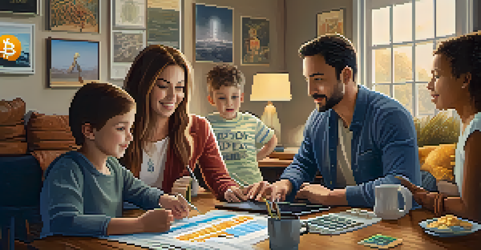 A family in a cozy room discussing financial planning with a laptop showing cryptocurrency graphs.