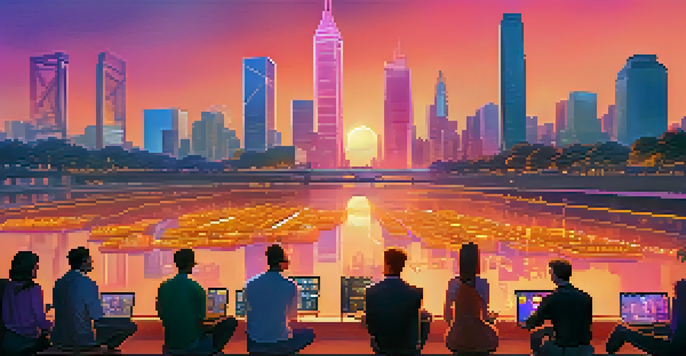 A city skyline at sunset with cryptocurrency symbols in the architecture, and diverse individuals discussing digital currencies.
