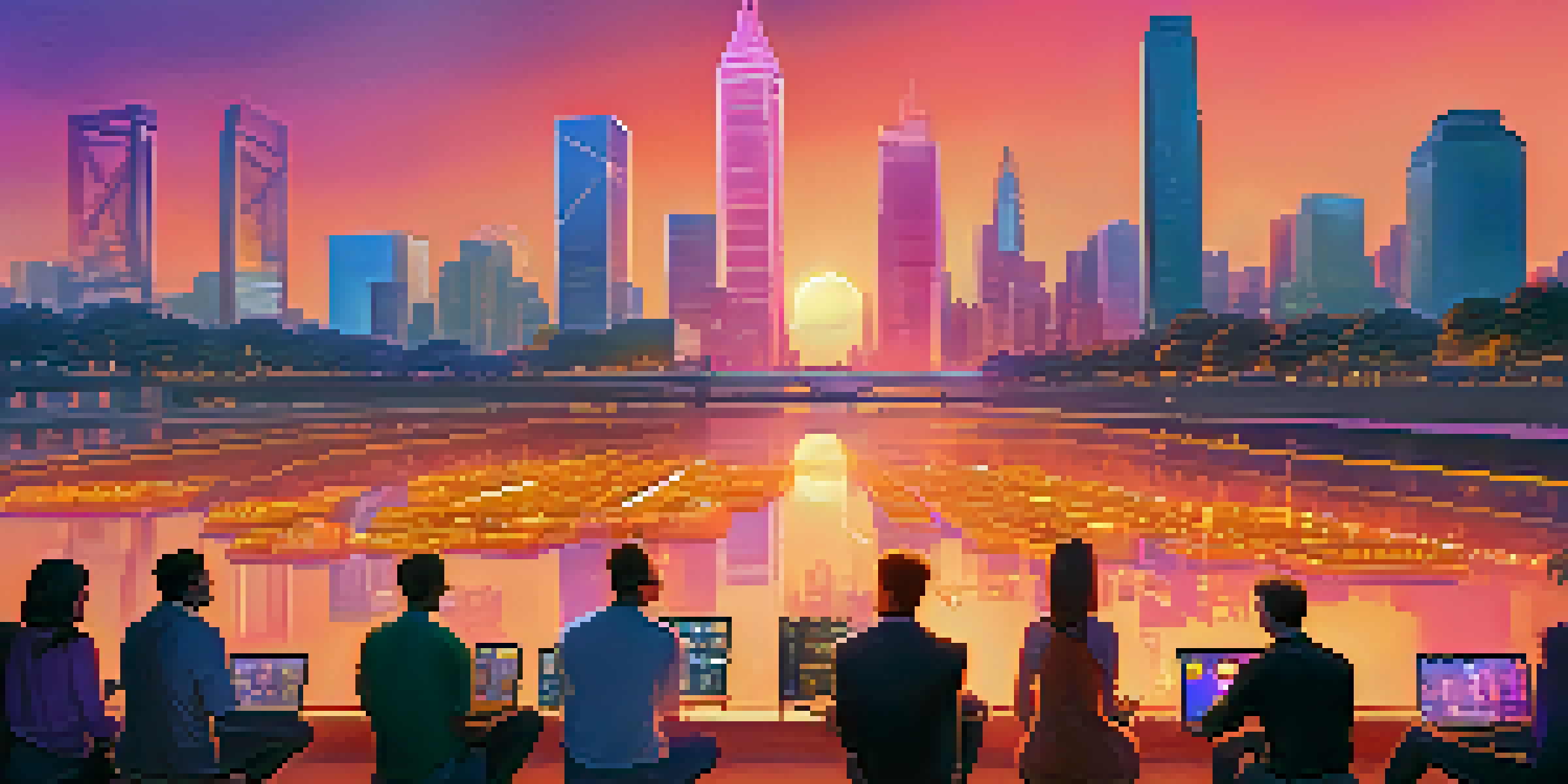 A city skyline at sunset with cryptocurrency symbols in the architecture, and diverse individuals discussing digital currencies.