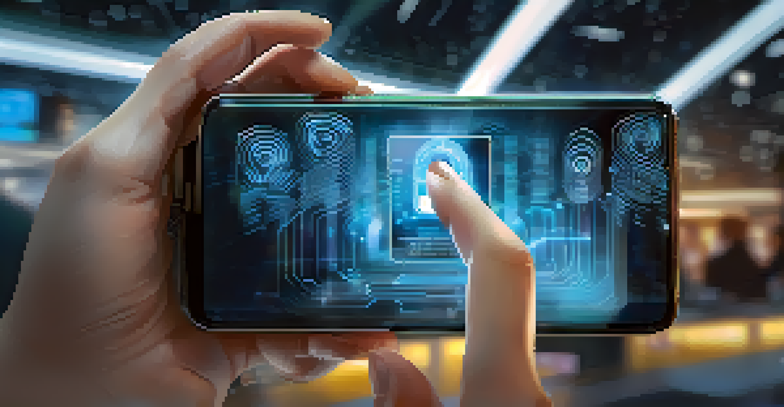 A person using a smartphone with biometric authentication features in a modern tech setting.