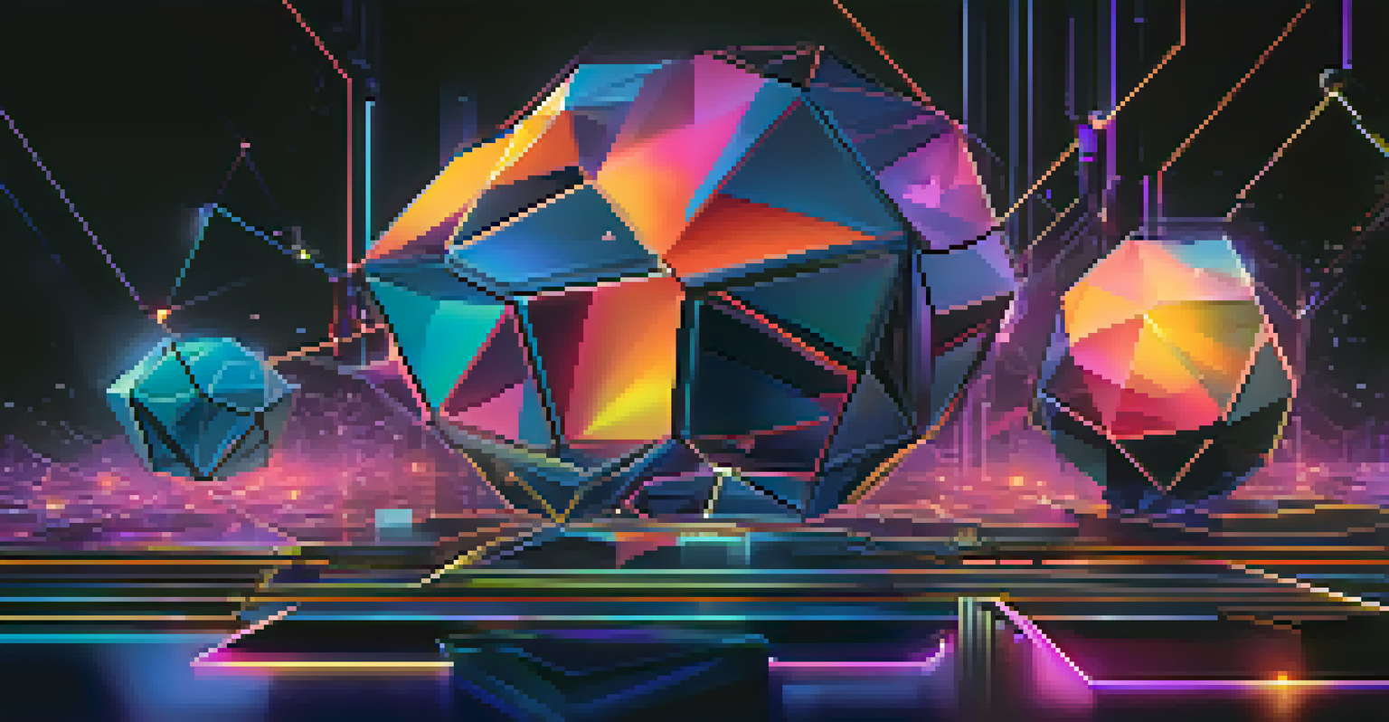 An abstract representation of blockchain technology with interconnected nodes and vibrant colors on a dark background.