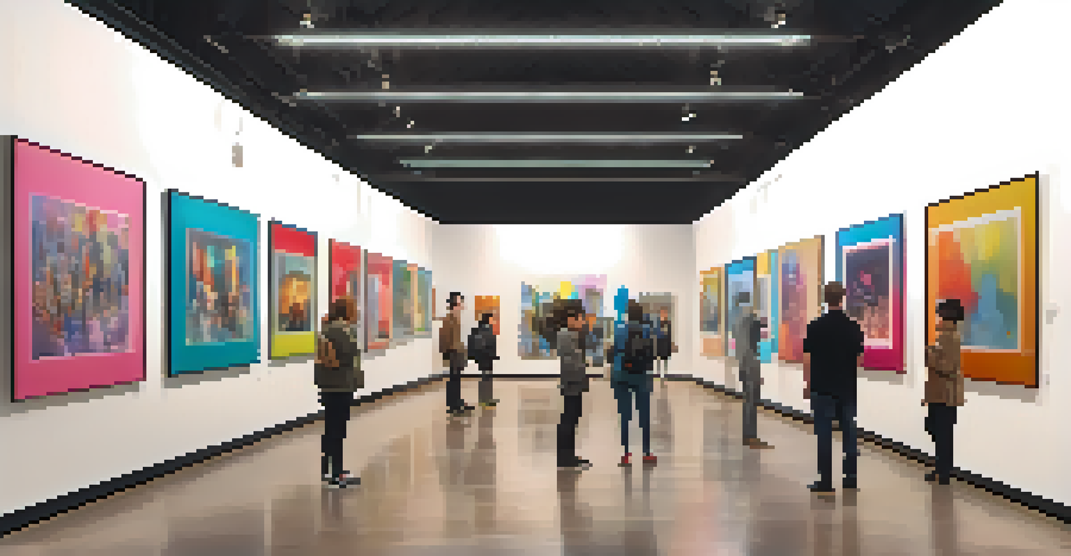 An art gallery with colorful paintings and digital tokens next to each piece, showcasing the concept of tokenized artwork.