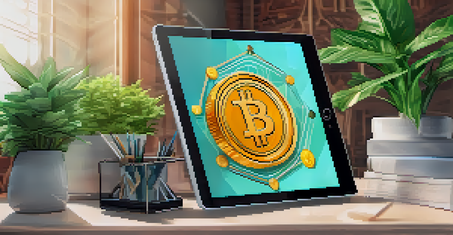 A digital tablet showing an NFT artwork with cryptocurrency symbols in a modern workspace surrounded by greenery.