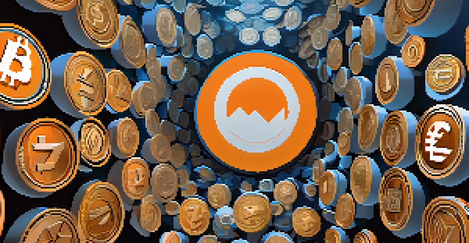Artistic representation of privacy coins with swirling digital patterns and cryptographic symbols in a futuristic setting.