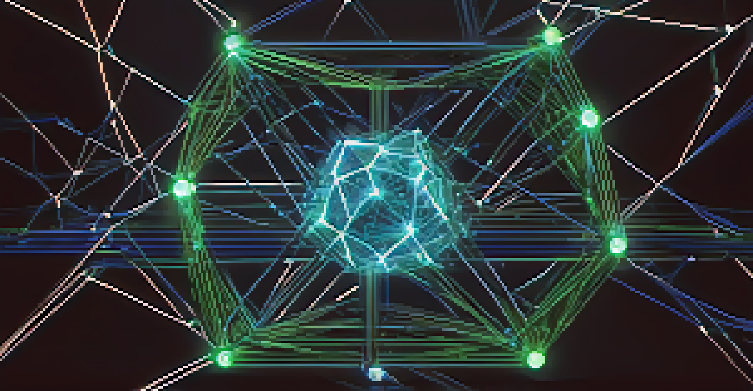 A 3D representation of a blockchain network with glowing interconnected nodes.