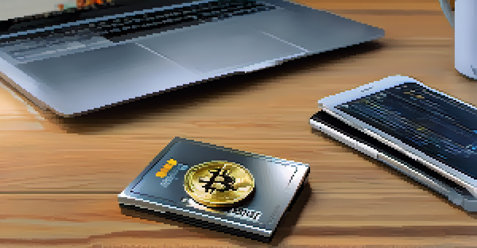 A close-up of a hardware wallet on a desk with a laptop displaying cryptocurrency transactions, captured in natural light.