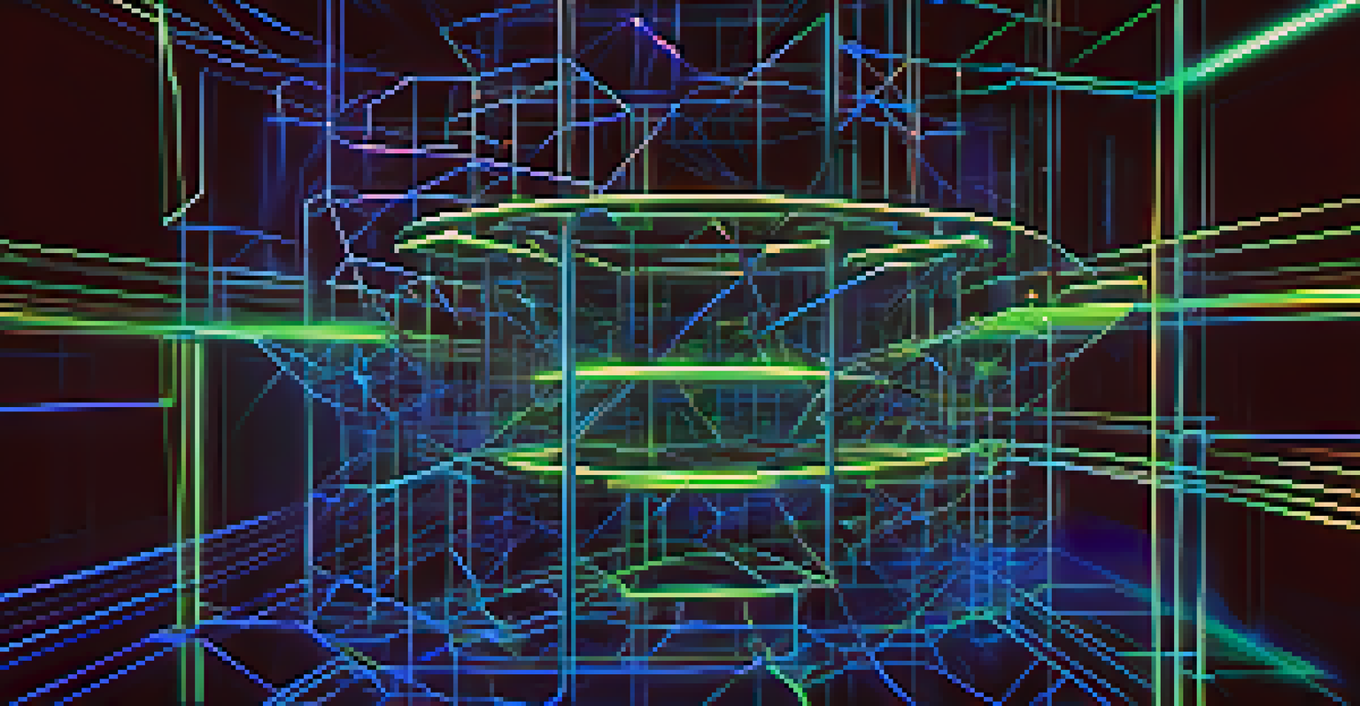 A detailed visualization of a blockchain network with glowing interconnected nodes in neon blue and green against a dark background.