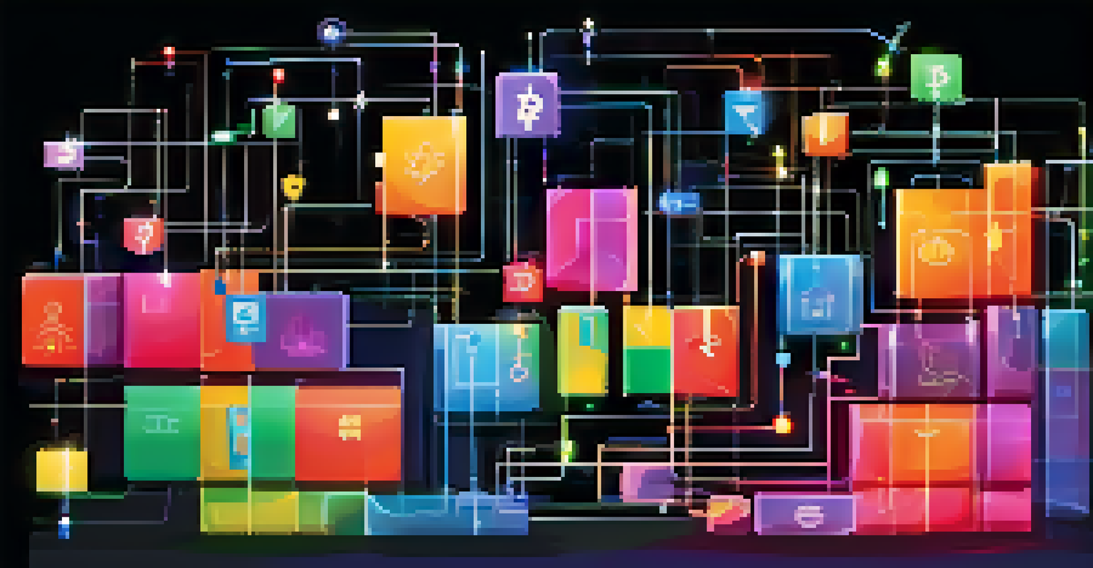 Interconnected glowing blocks representing blockchain technology with symbols for various intellectual properties.