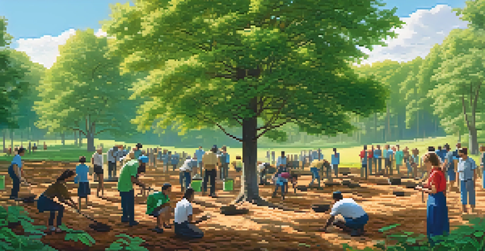 A community tree-planting event in a lush green forest with people planting saplings under a blue sky.