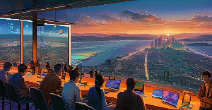 A peaceful city skyline at dusk with digital cryptocurrency interfaces overlaying the scene.