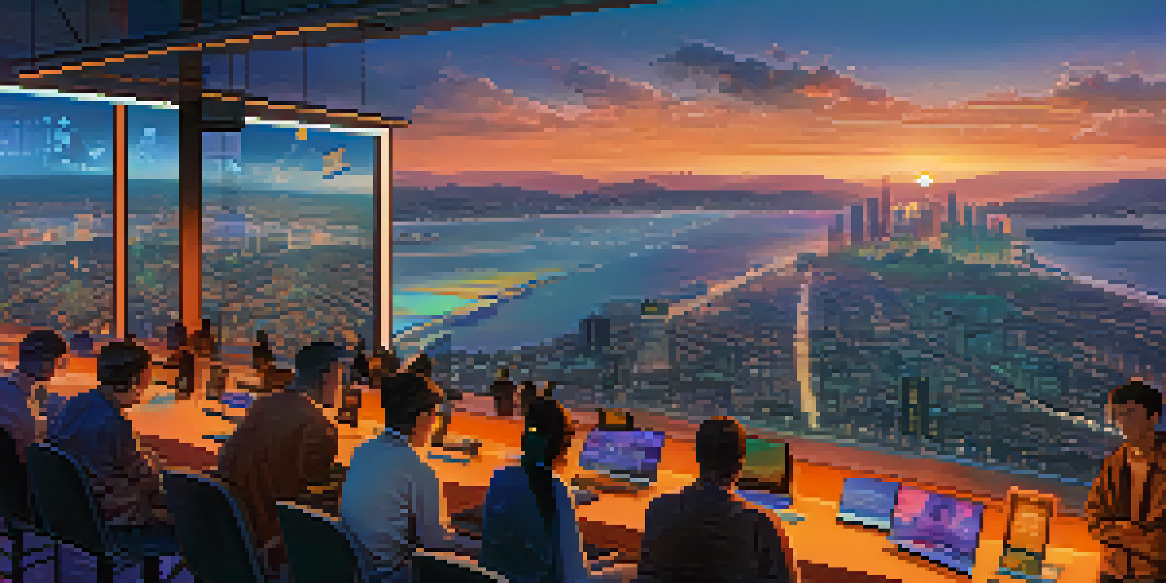 A peaceful city skyline at dusk with digital cryptocurrency interfaces overlaying the scene.