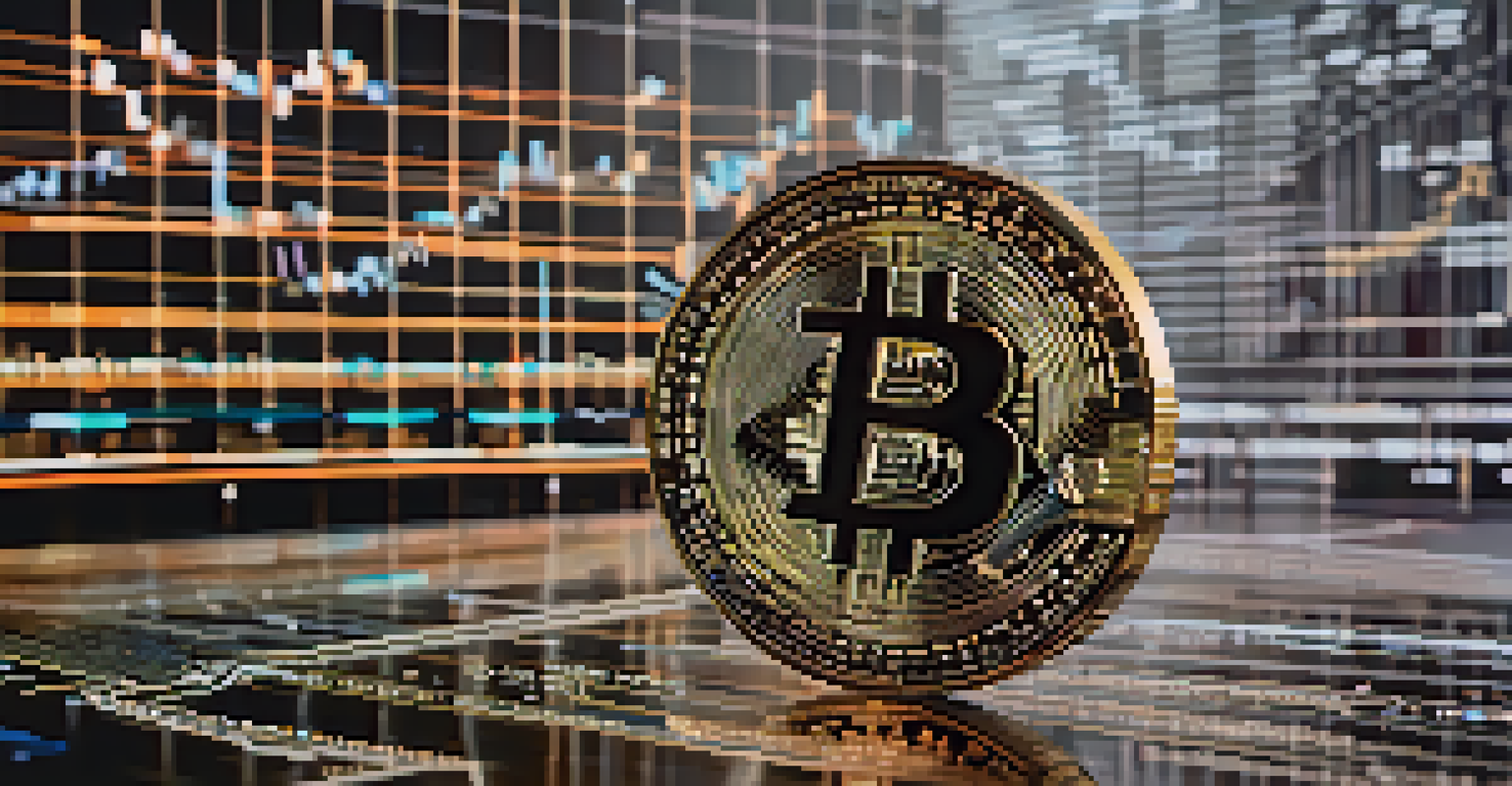 A close-up of a Bitcoin coin on a reflective surface with digital graphs and charts in the background.