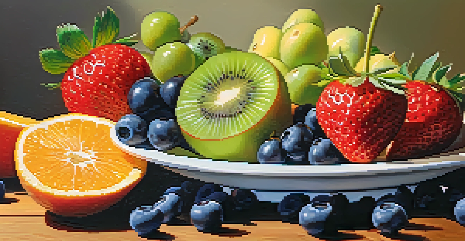 A vibrant fruit platter with strawberries, blueberries, kiwi, and oranges on a wooden table.