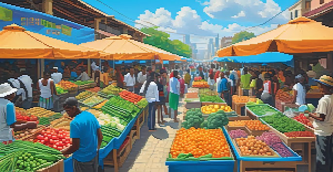 A lively marketplace filled with people using mobile devices to conduct transactions, surrounded by colorful stalls of goods.