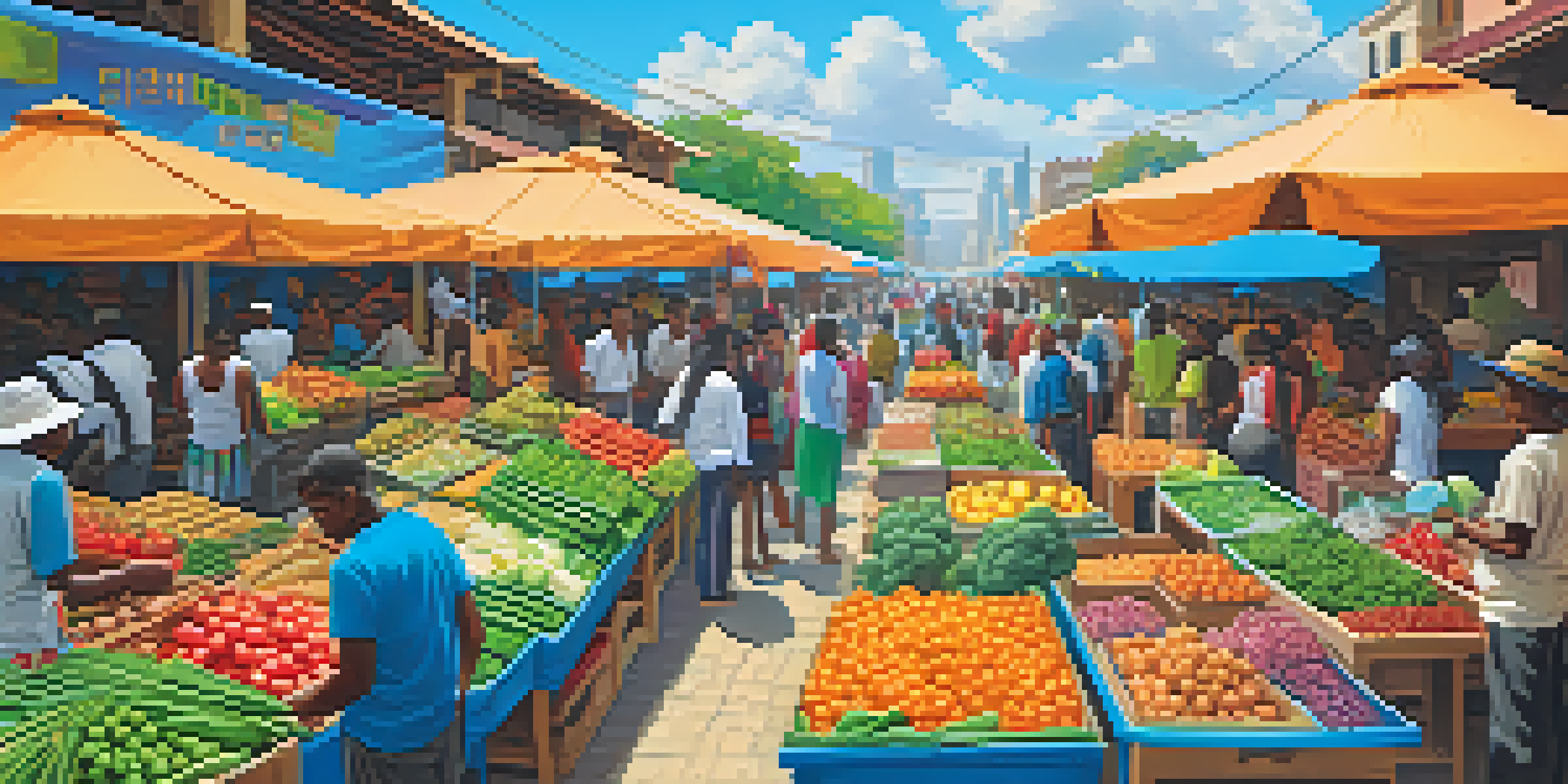 A lively marketplace filled with people using mobile devices to conduct transactions, surrounded by colorful stalls of goods.