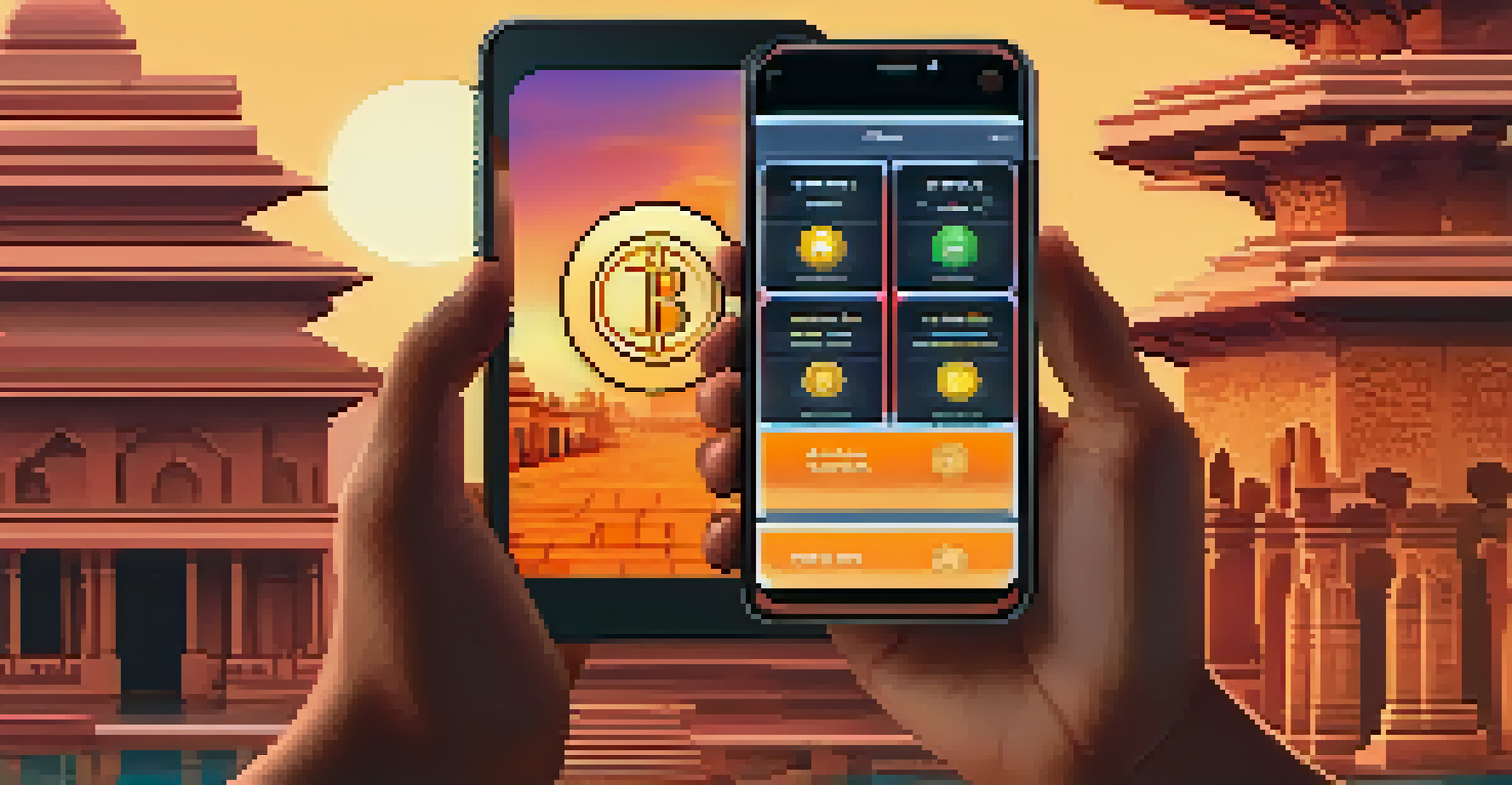 A close-up of a hand with a smartphone displaying a cryptocurrency trading app against traditional Indian architecture at sunset.