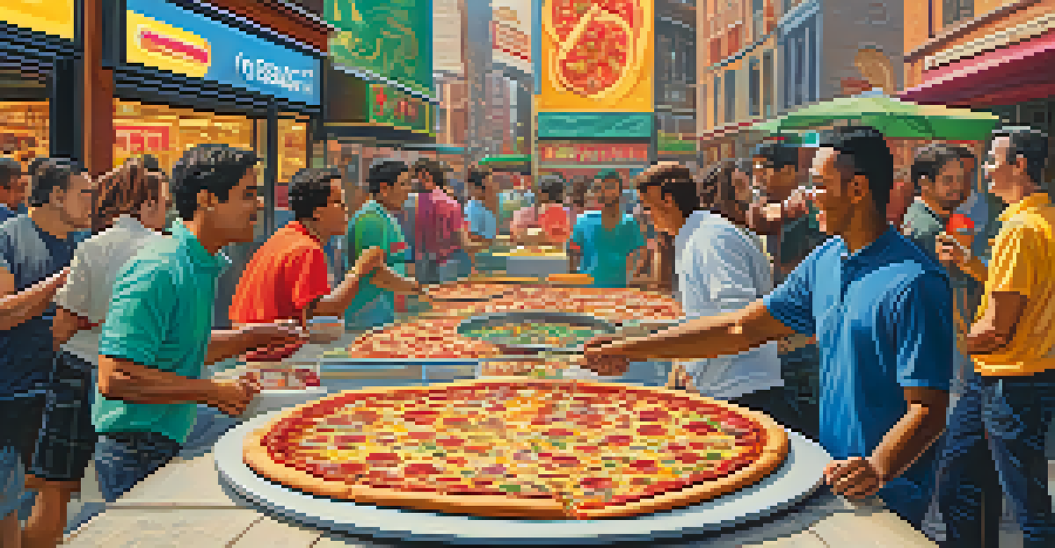 A creative representation of tokenization with a pizza being sliced into digital tokens in a vibrant marketplace.
