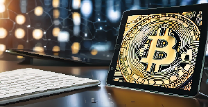 A digital tablet displaying smart contract code with floating cryptocurrency symbols in a modern office setting.