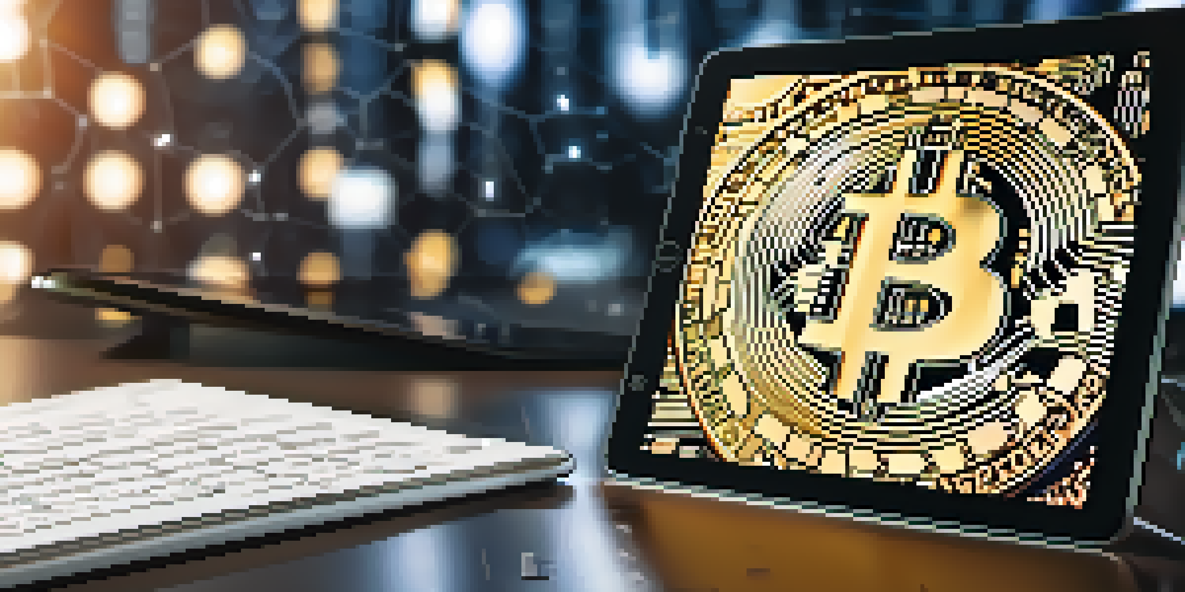 A digital tablet displaying smart contract code with floating cryptocurrency symbols in a modern office setting.
