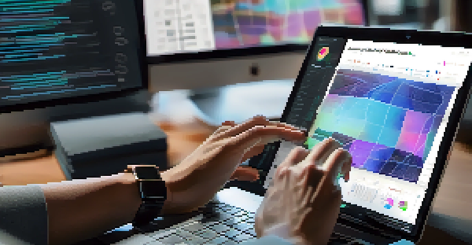 A photographer's hands working on a laptop, uploading an image to a blockchain platform, with artistic prints around.
