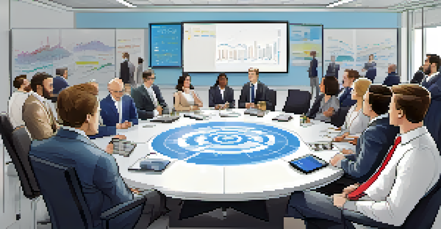 A diverse group of business professionals discussing cryptocurrency strategies in a meeting room with a round table and a whiteboard.