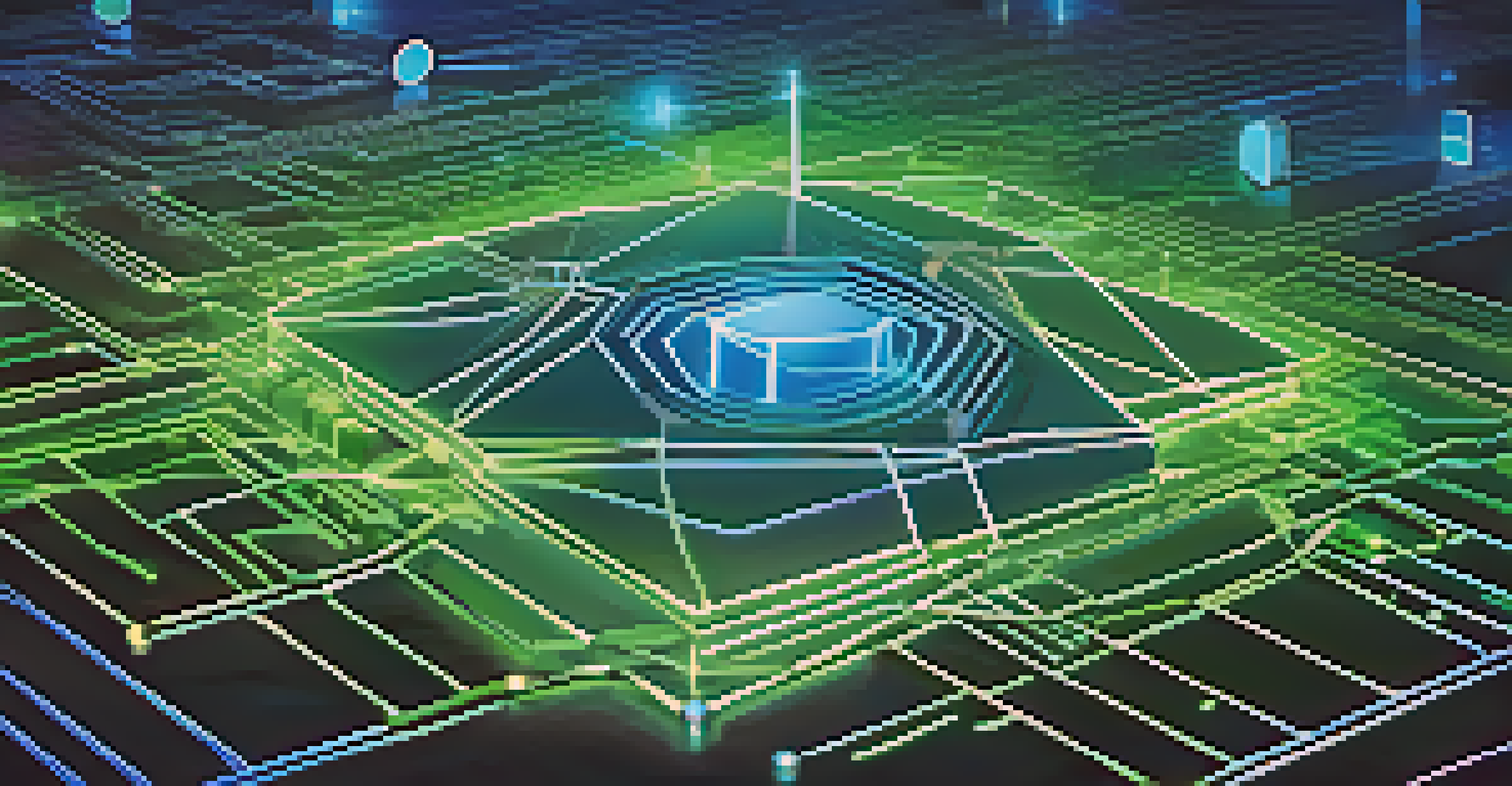 A digital artwork illustrating blockchain technology with interconnected nodes and a glowing digital ledger against a blue and green gradient background.