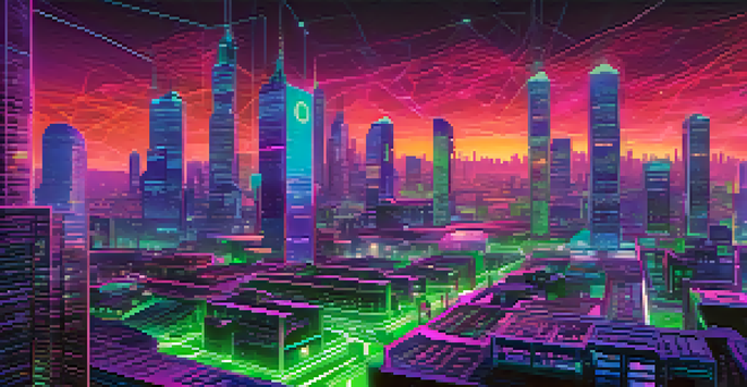 A futuristic city skyline representing the decentralized finance ecosystem, with people trading and lending in a high-tech environment.
