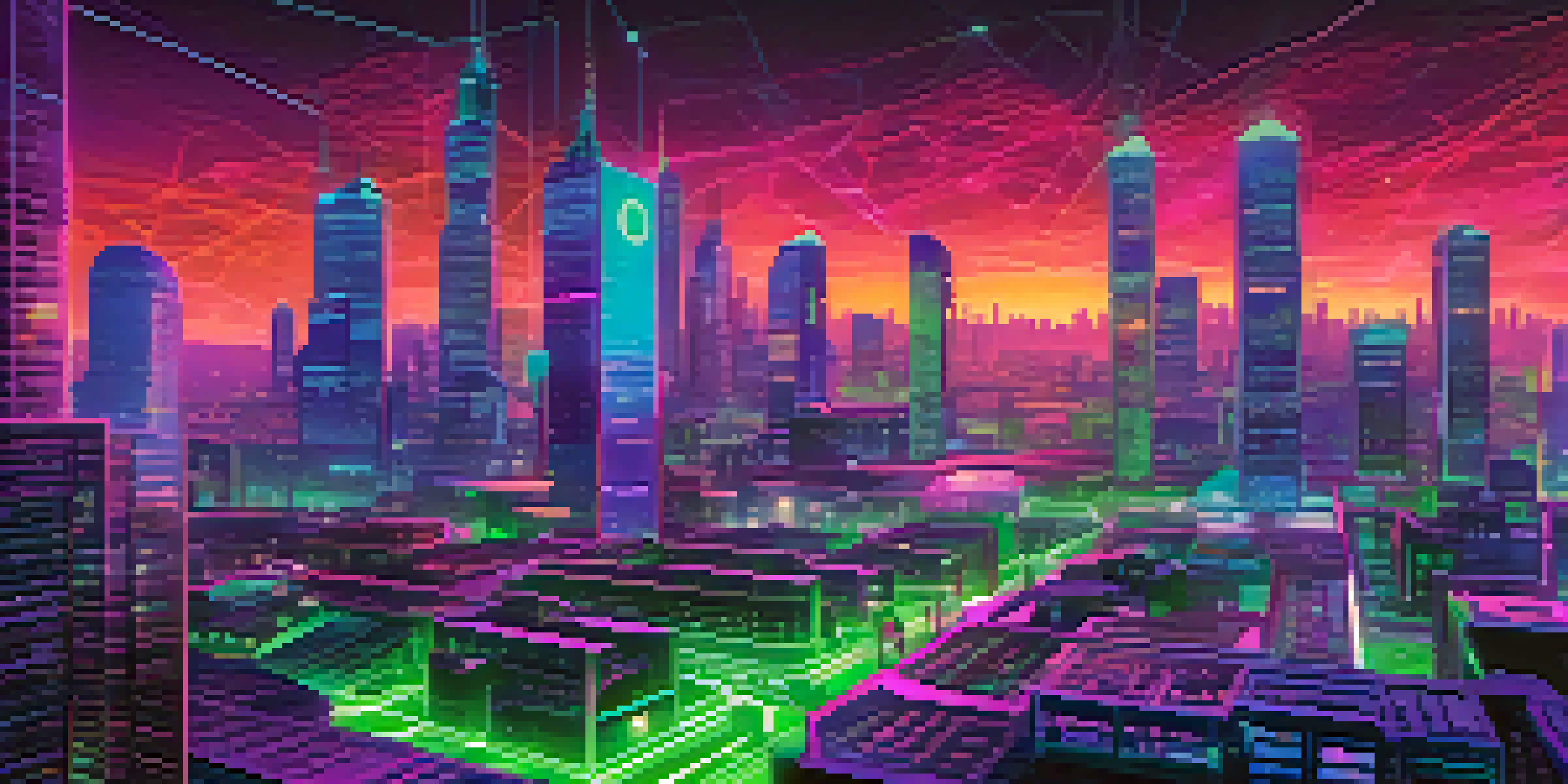 A futuristic city skyline representing the decentralized finance ecosystem, with people trading and lending in a high-tech environment.