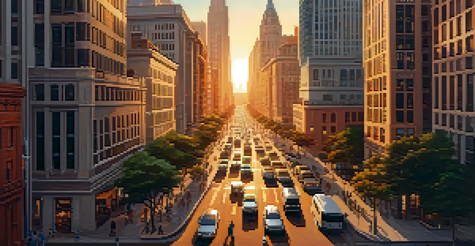 A vibrant city street at sunset, with tall buildings and people moving about, illuminated by the warm colors of the sunset.