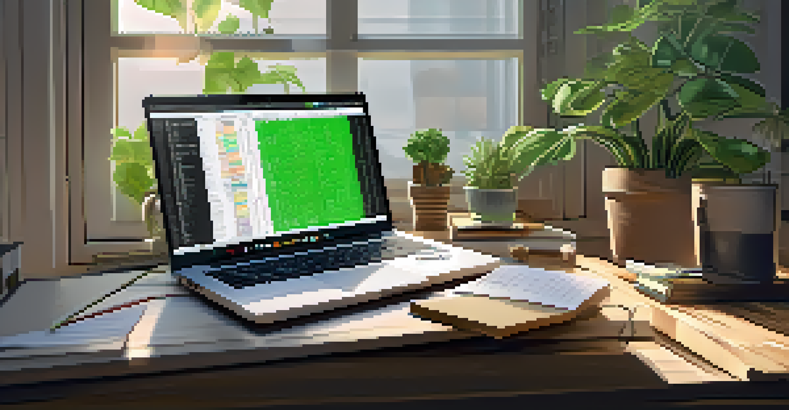 A serene workspace with a laptop showing cryptocurrency charts and a notepad with notes, illuminated by natural light.