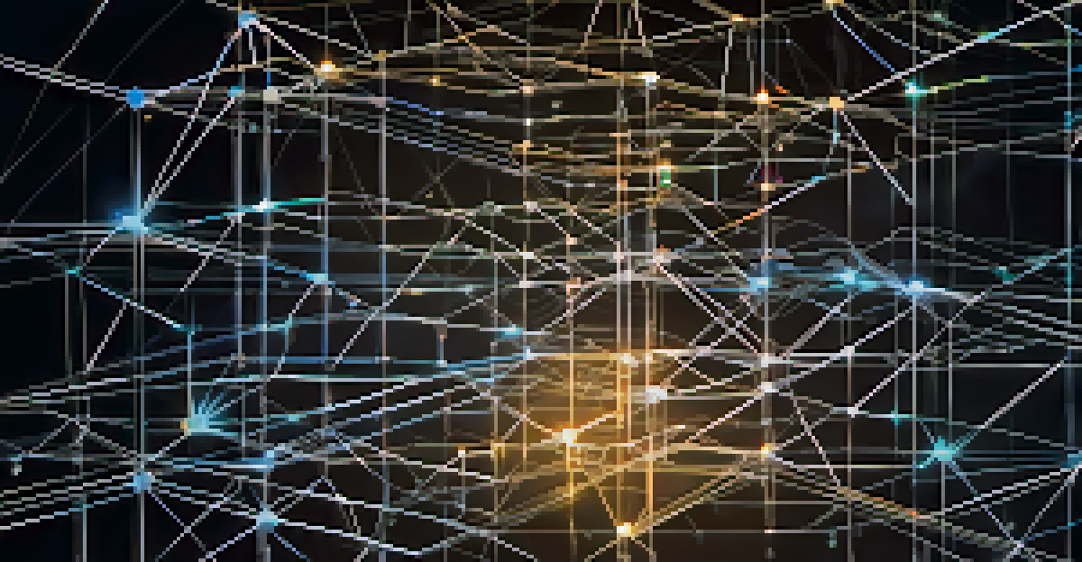 A close-up visualization of a blockchain network with glowing nodes and lines against a dark background, representing energy transactions.