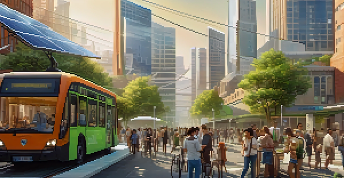 A lively smart city with solar panels, electric transport, and green spaces, under warm sunlight with people participating in community activities.