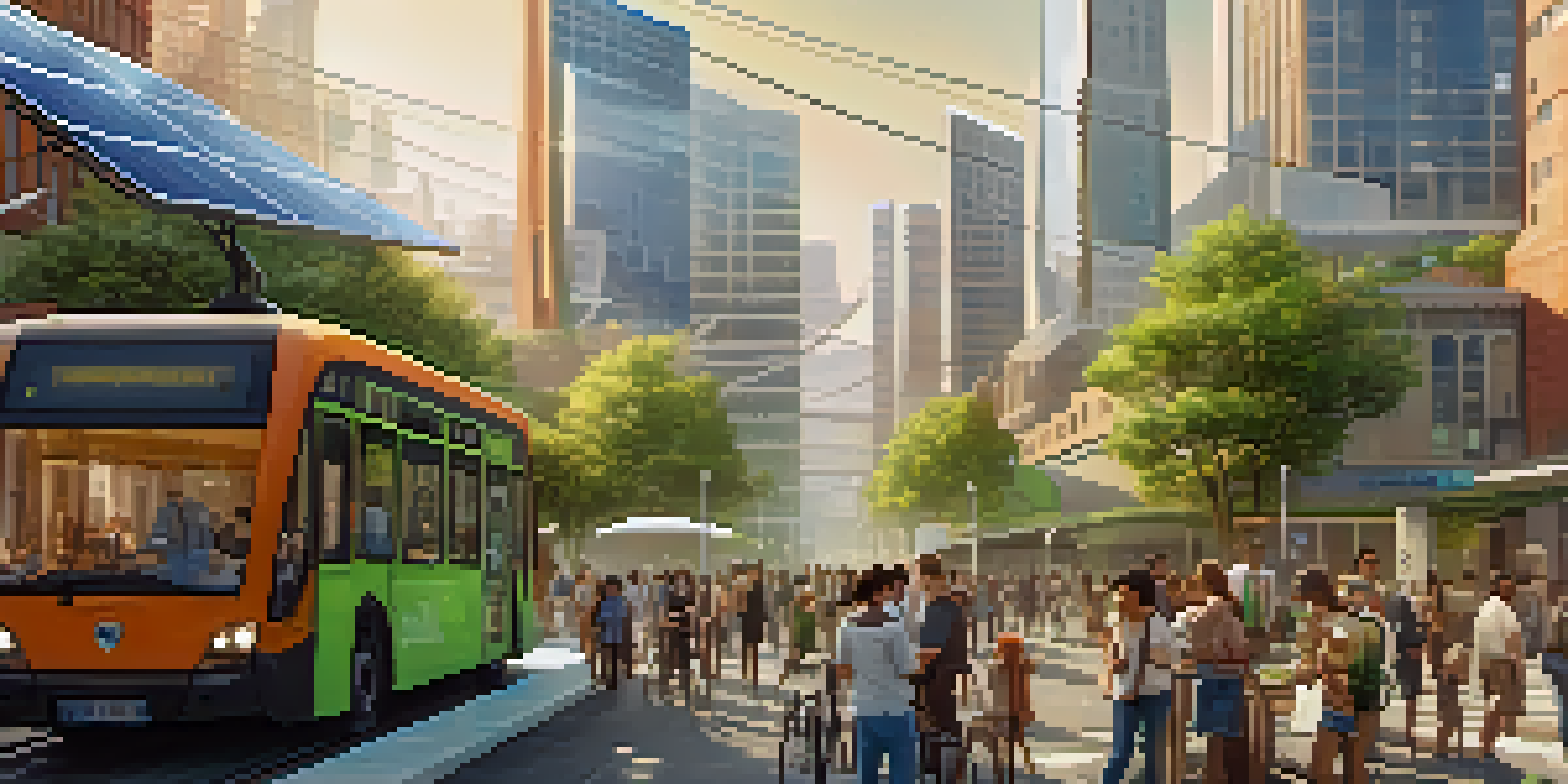 A lively smart city with solar panels, electric transport, and green spaces, under warm sunlight with people participating in community activities.